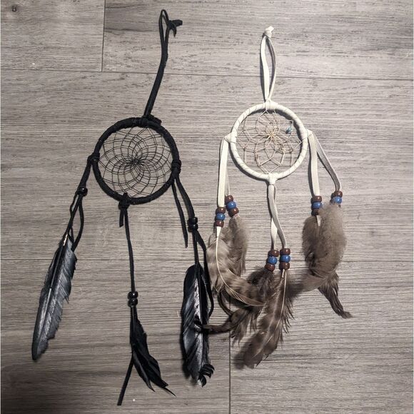 lot #105 Handmade set of 2 Leather Dreamcatchers with Feathers Beads Accents - Picture 1 of 7